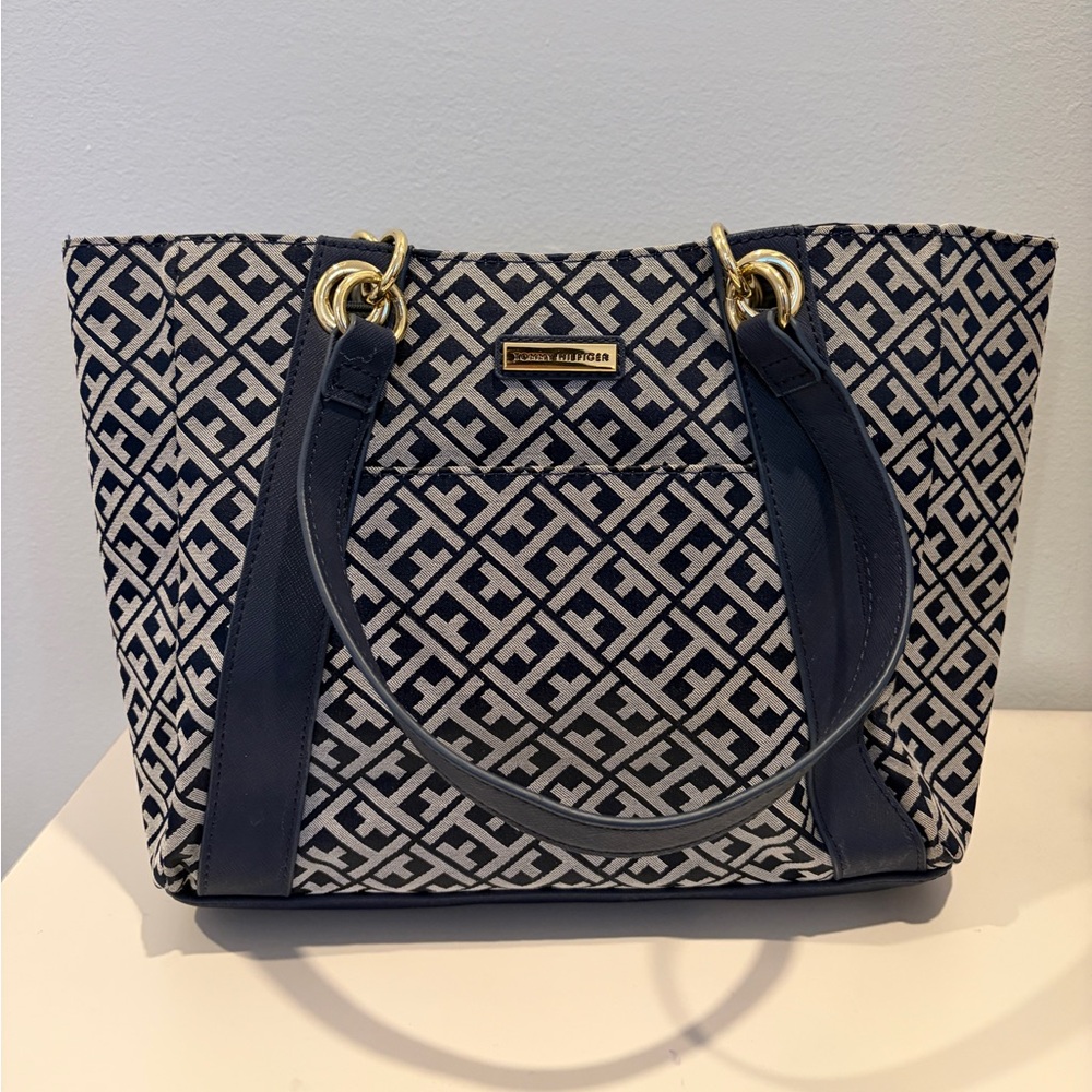 Tommy Hilfiger Navy Monogram Print Tote Handbag